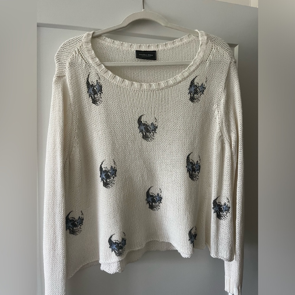 Oversized Wooden Ships Skull sweater- size small, but fits more like a medium!